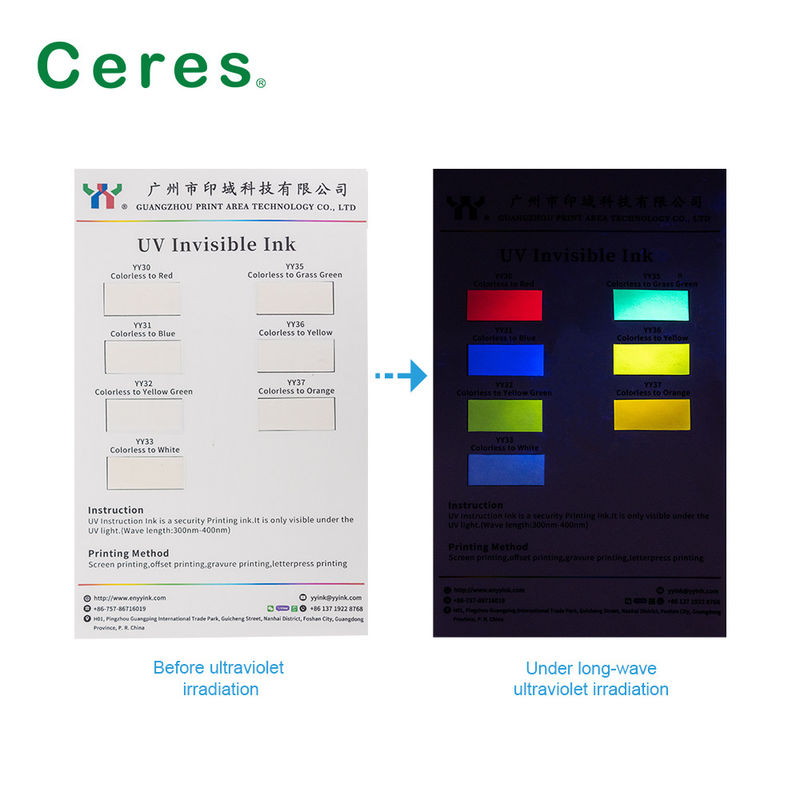 Ceres UV tinta invisível incolor a verde normal seco